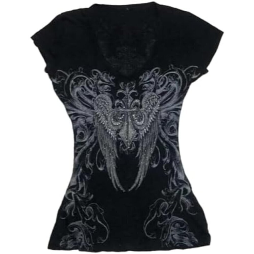 Women's Gothic V-Neck Short Sleeve Crop Tee Slim Fit Trendy Y2K Grunge